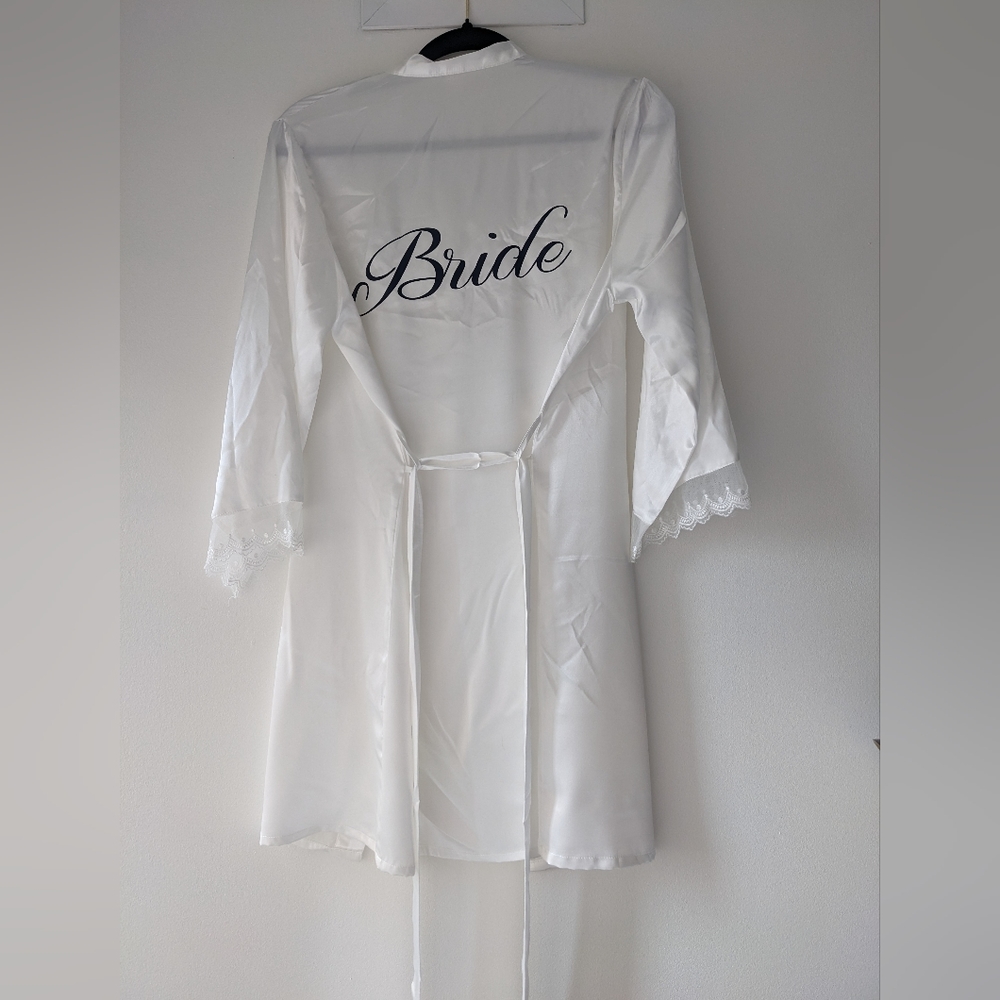 Bride Satin Robe with Lace Trim - White